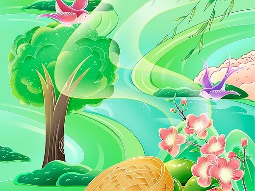 国潮清新风清明节青团桃花杨柳插画