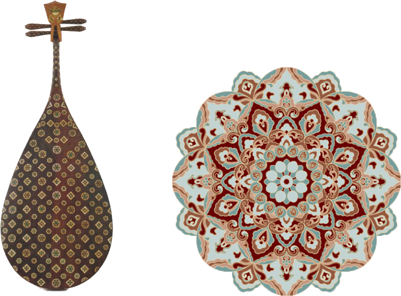 左图：唐代紫檀木画槽琵琶                                                                右图：宝相花纹