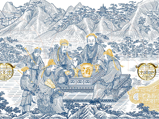 唐文人饮酒版画/酒包装插画设计/国风插画