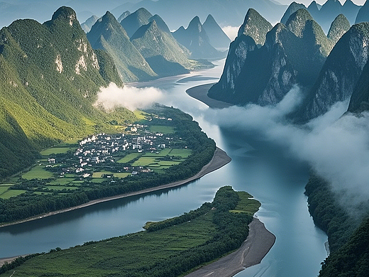 纵览群山连绵，江水悠悠，烟波浩渺，仿佛置身仙境。