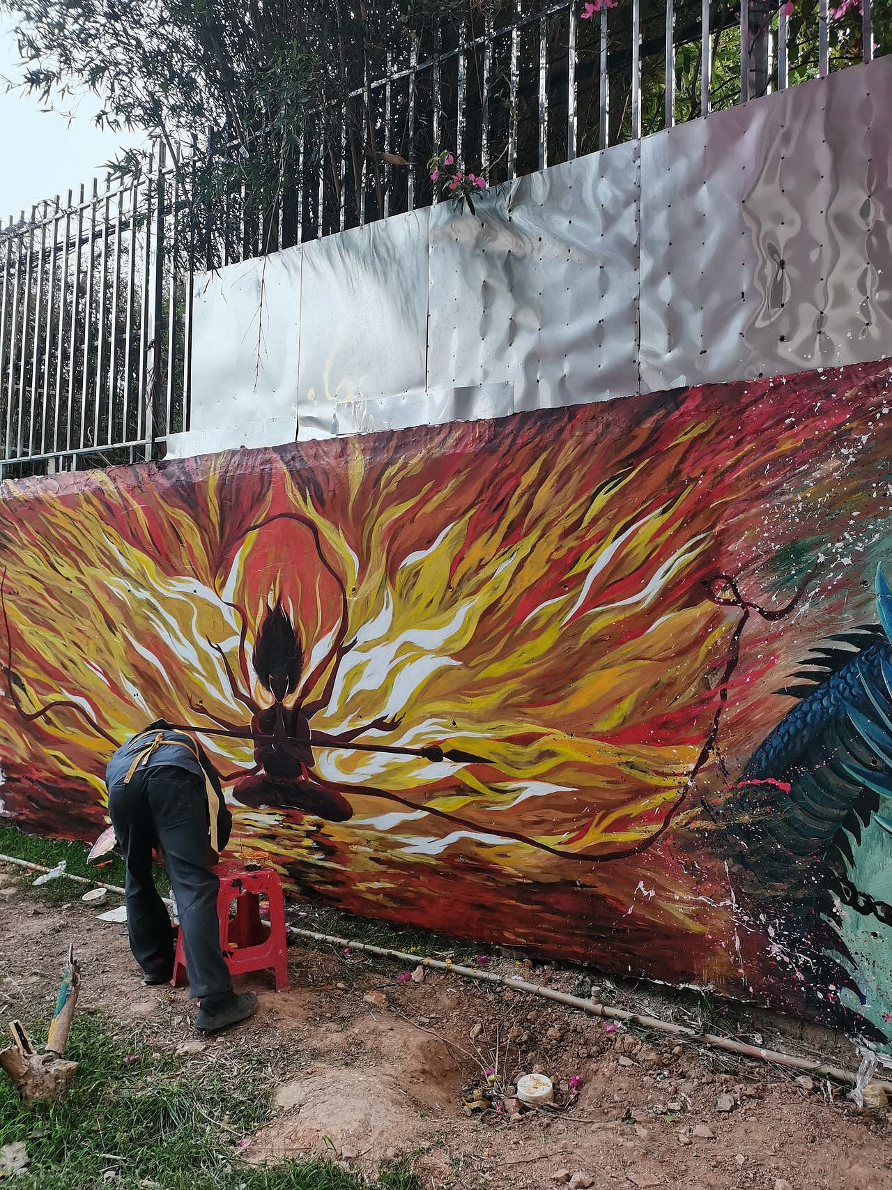 哪吒墙绘 哪吒网红打卡墙 哪吒彩绘壁画涂鸦