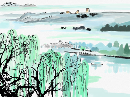 烟柳水墨画