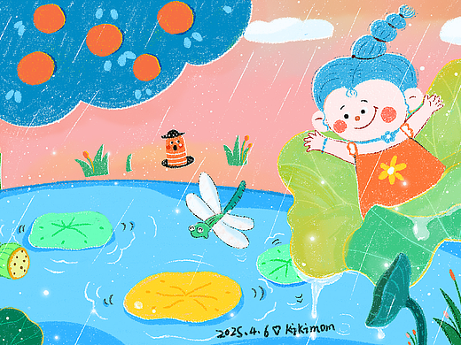 荷叶上的蓝发女孩-平涂（原创）