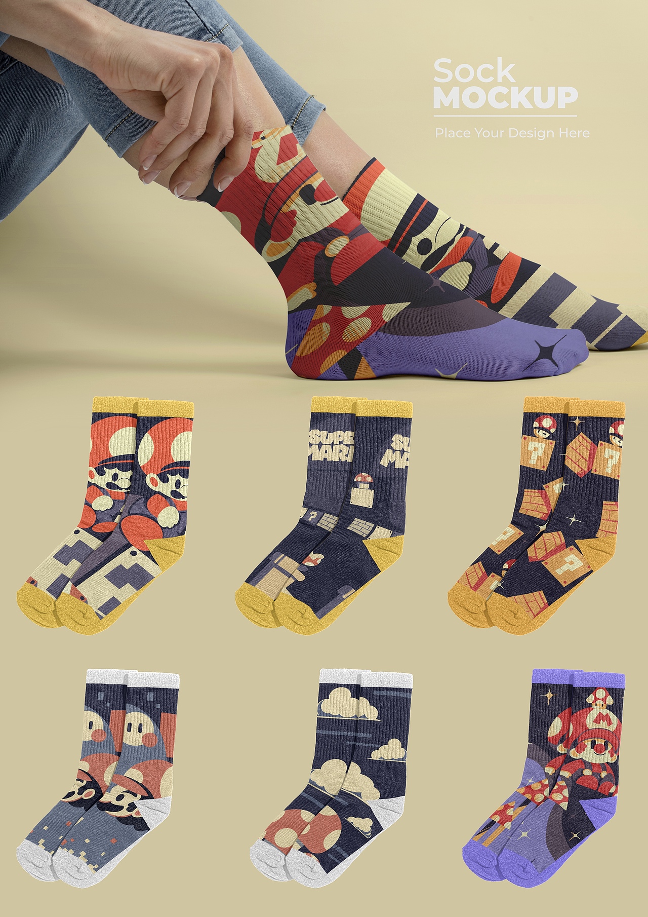 马里奥系列潮袜图案设计