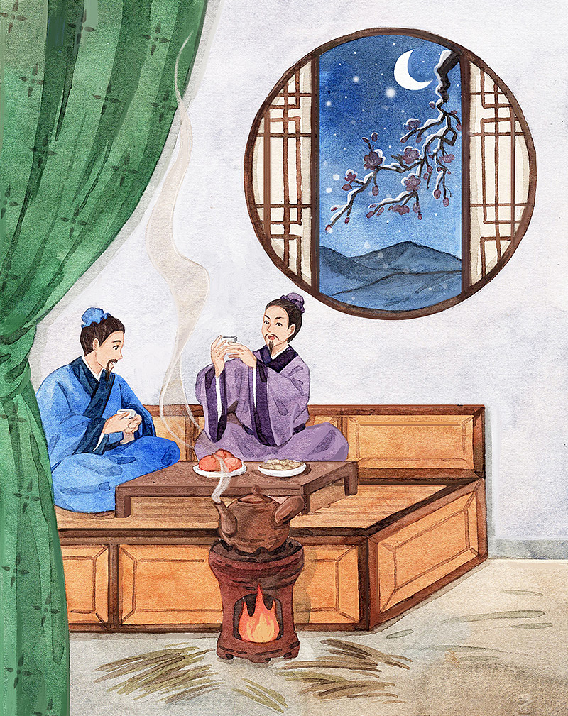 寒夜
杜耒<br>寒夜客来茶当酒,竹炉汤沸火初红。<br>寻常一样窗前月,才有梅花便不同。