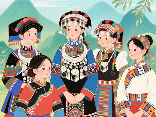 手绘-几个不同的少数民族的女孩，聚在一起寒暄