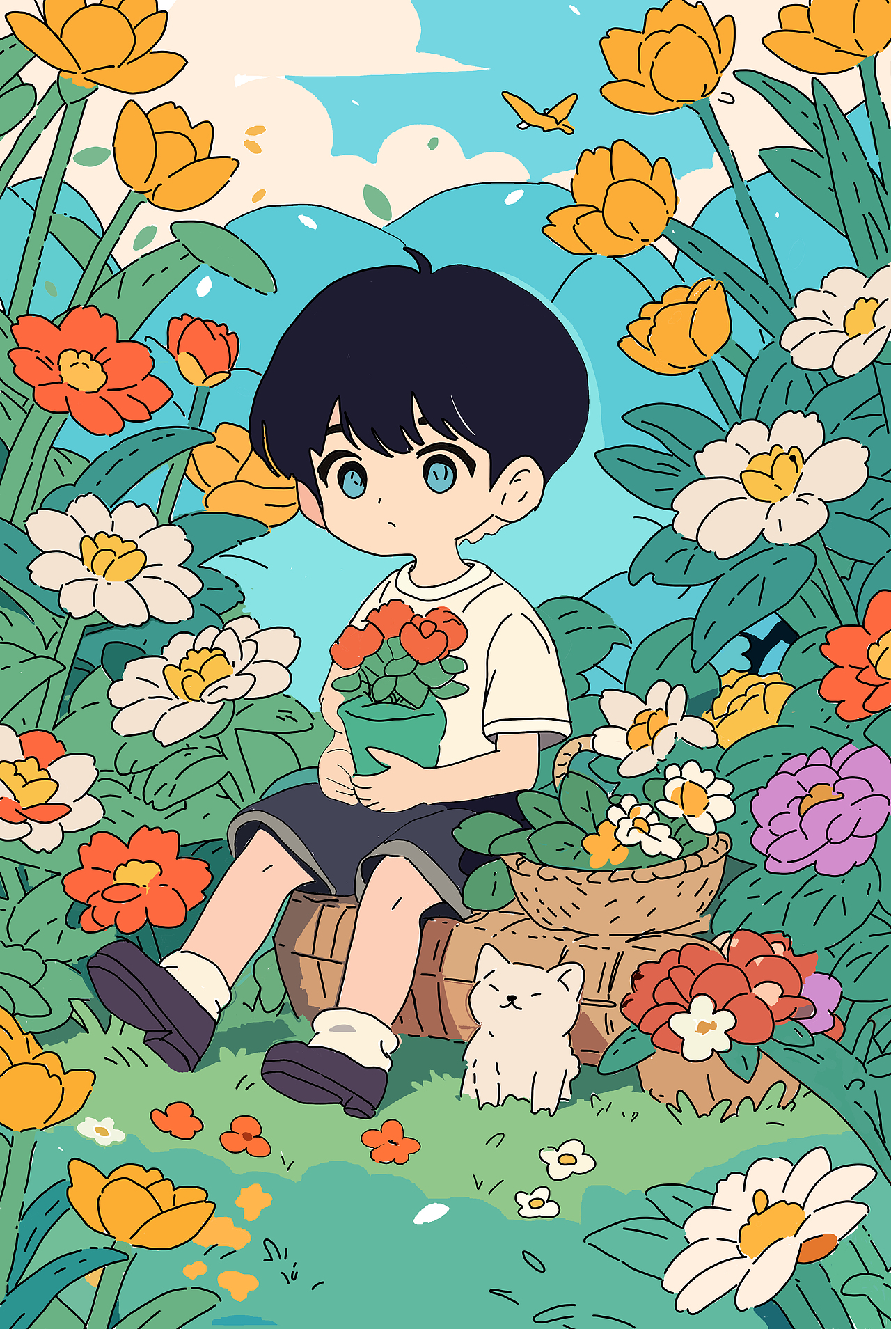 《花间少年与自然的静谧时光》