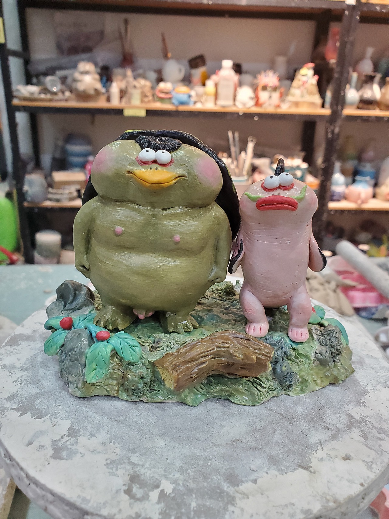 手捏陶艺河童兄弟搞怪摆件