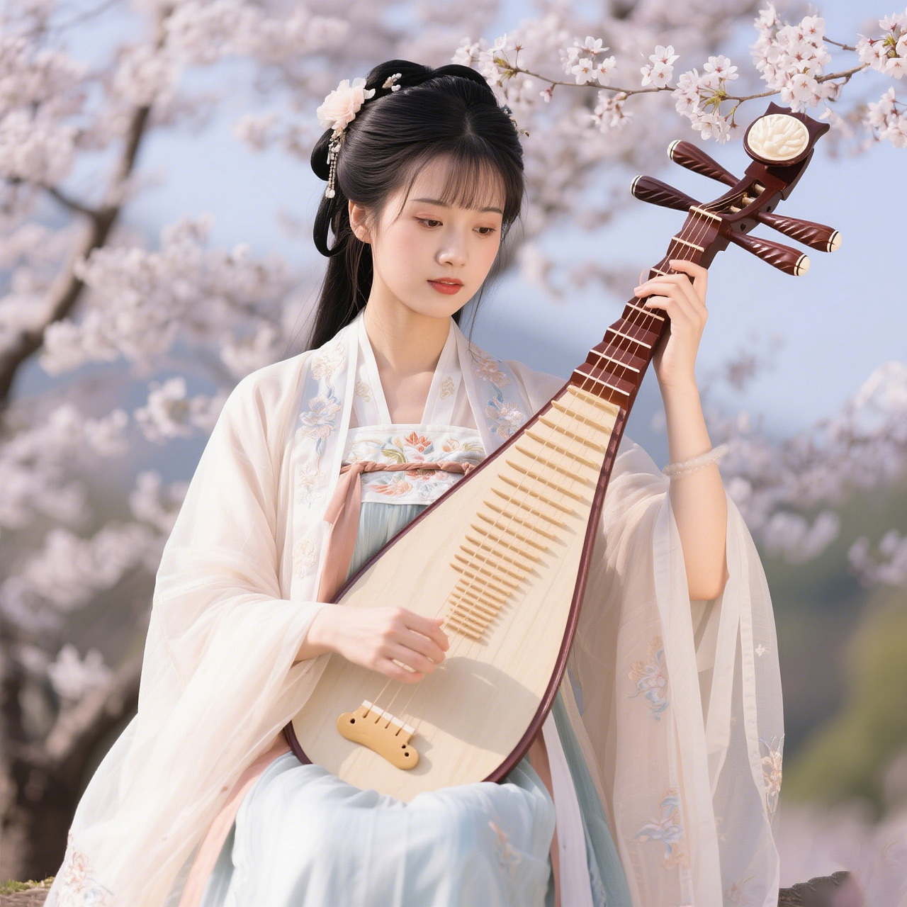 汉服-女生弹奏琵琶(樱花树下-唯美感)-摄影