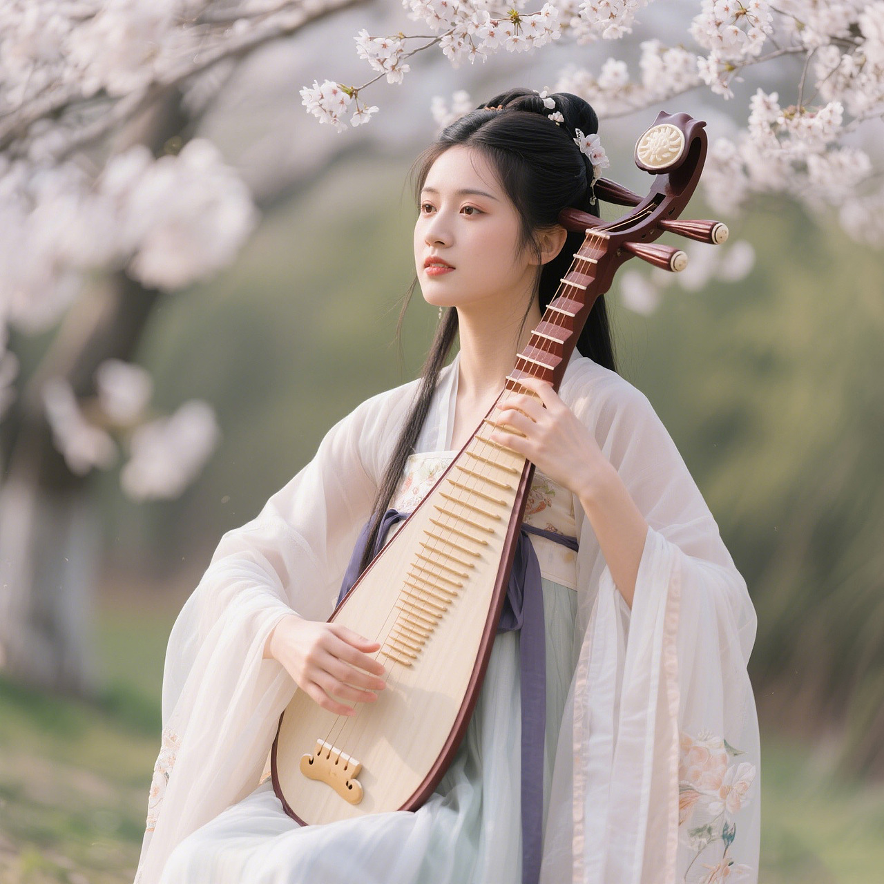 汉服-女生弹奏琵琶(樱花树下-唯美感)-摄影
