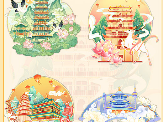 国潮风冰箱贴插画设计｜地标建筑