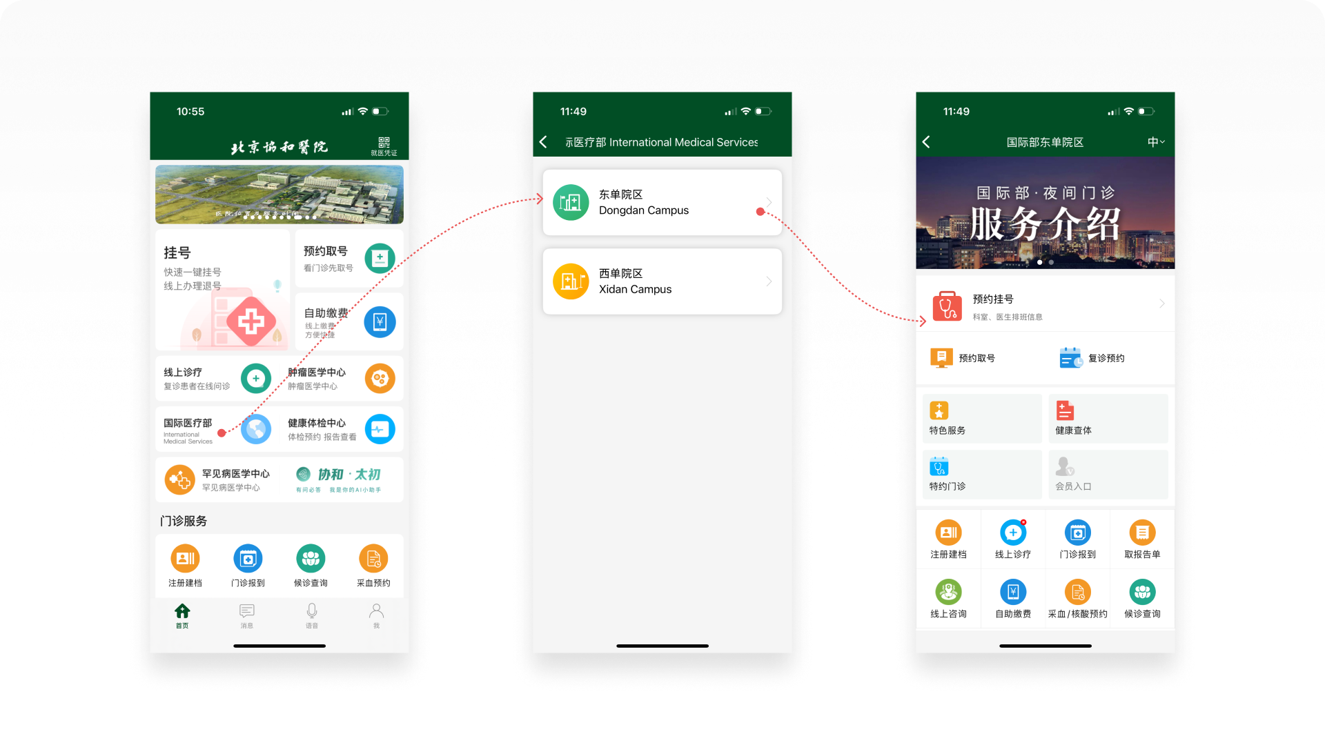 北京协和医院APP截图-首页(左)、国际医疗部(中)、东单院区(右)