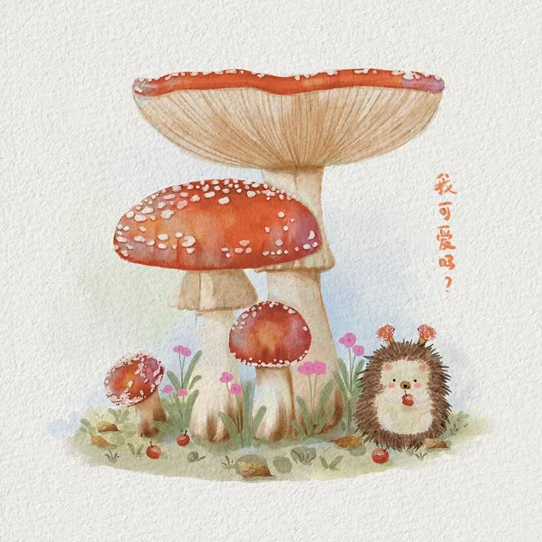 复古森系插画——蘑菇与刺猬