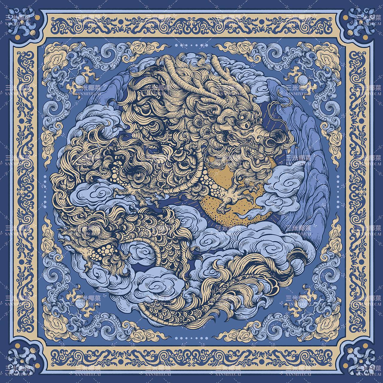 【丝巾系列·龙隐千峰】蓝黄色