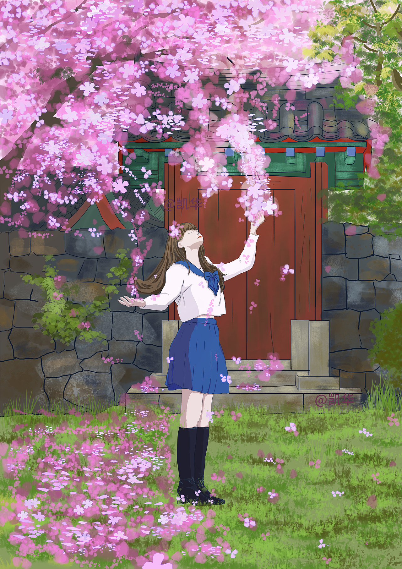 古建樱语，绘就青春烂漫（图ZMzg5MjEyNzg0） - 艺术插画 - 站酷设计师凯华原创素材 - 站酷ZCOOL