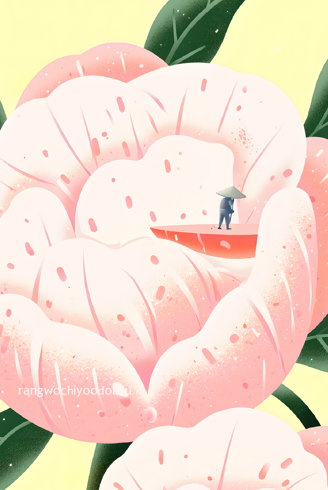 一个的农人撑着伞立在牡丹单片花瓣上,雨滴在花瓣