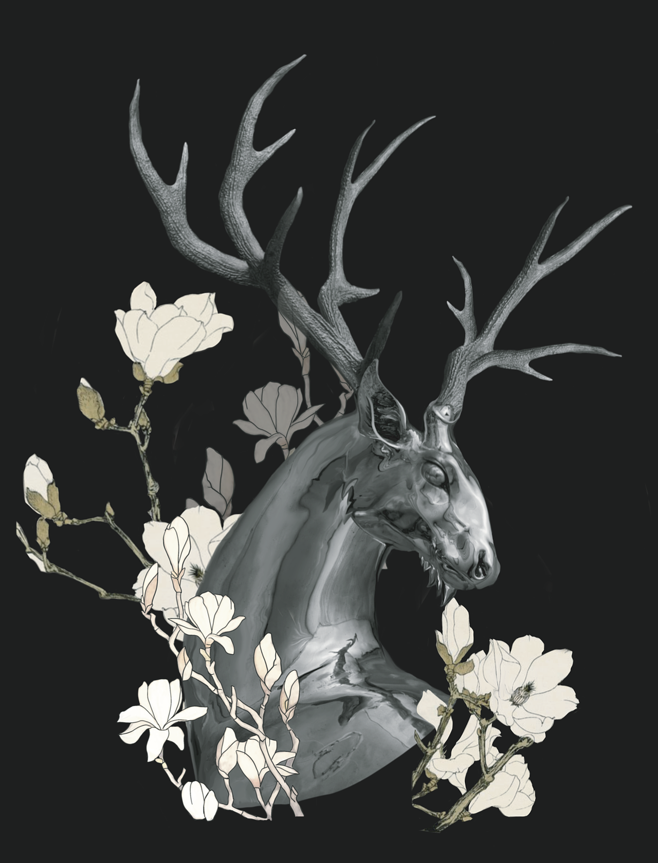 参考日本奈良鹿的形式，用比较写实的状态 金属反光的效果，与花朵进行融合