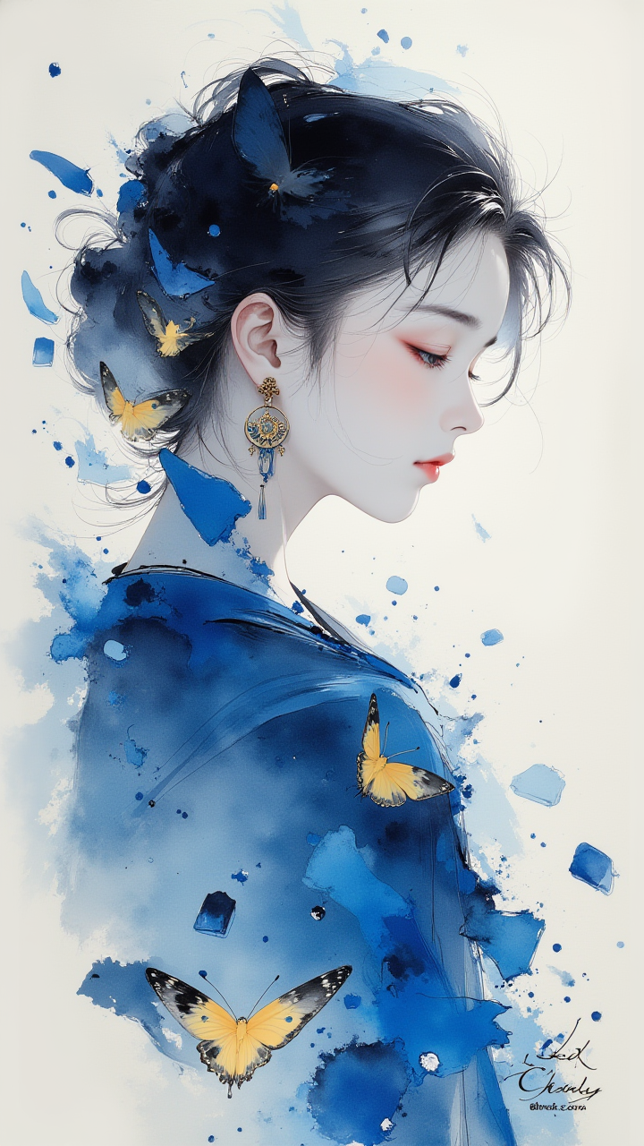 【蓝调冰境・AI 光影诗】蝴蝶光与碎冰的冷暖博弈