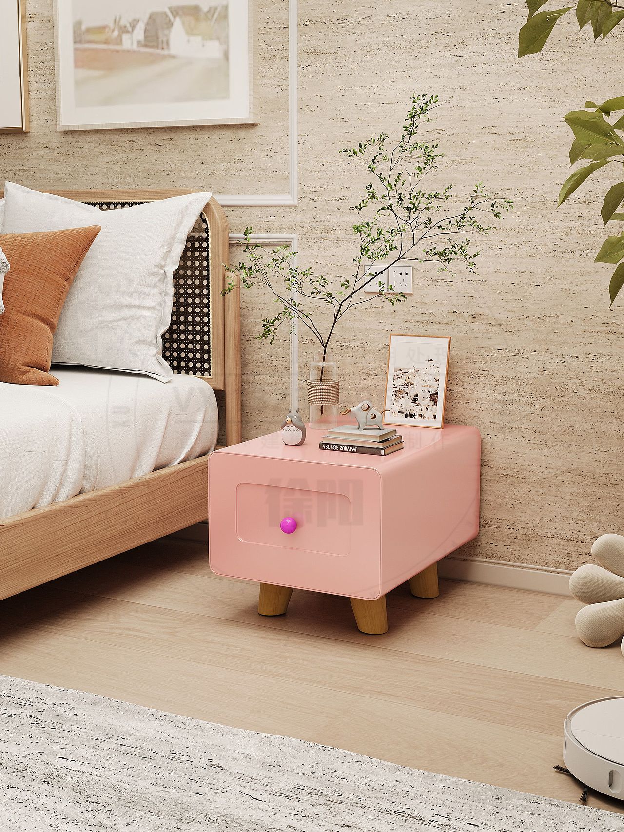 钢木结合多功能床头柜