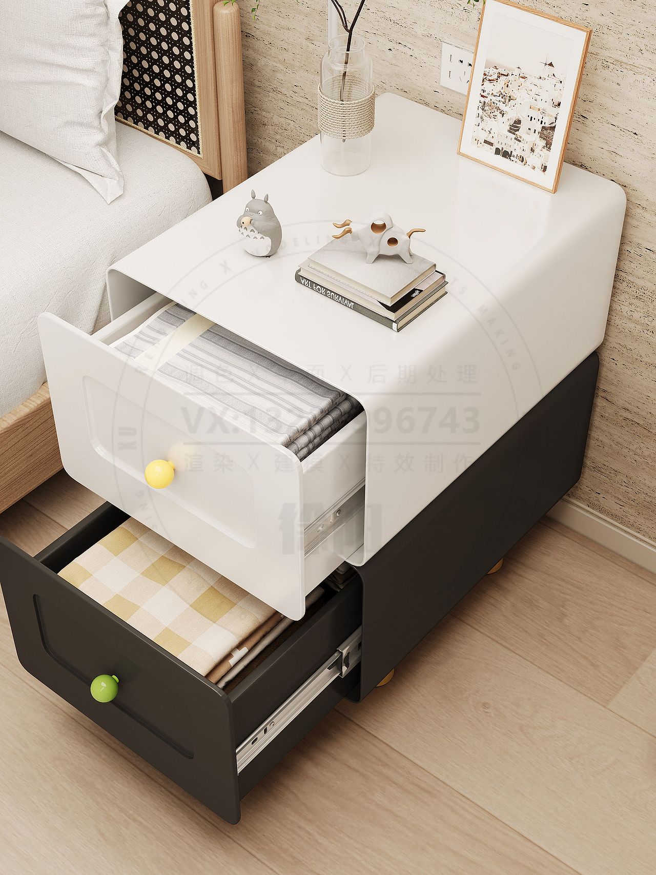 钢木结合多功能床头柜