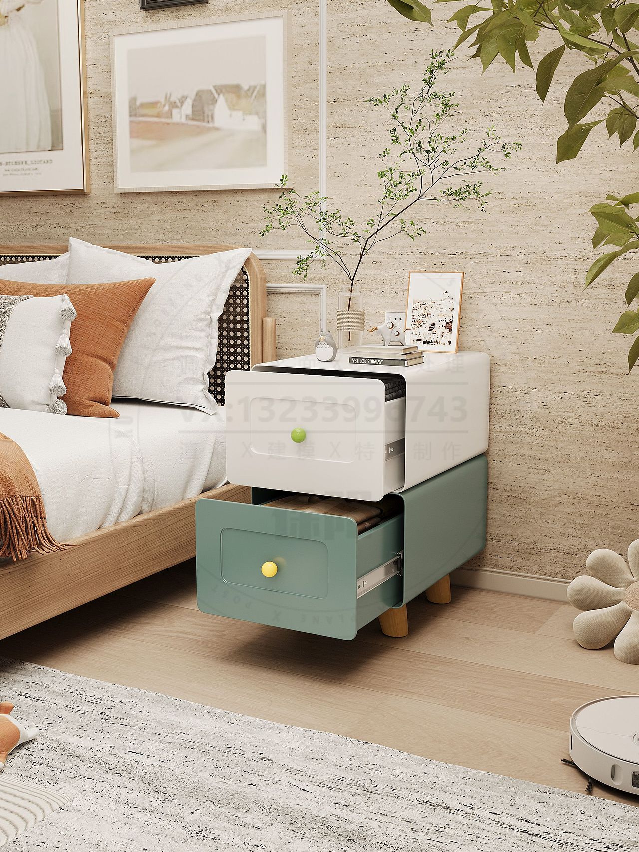 钢木结合多功能床头柜