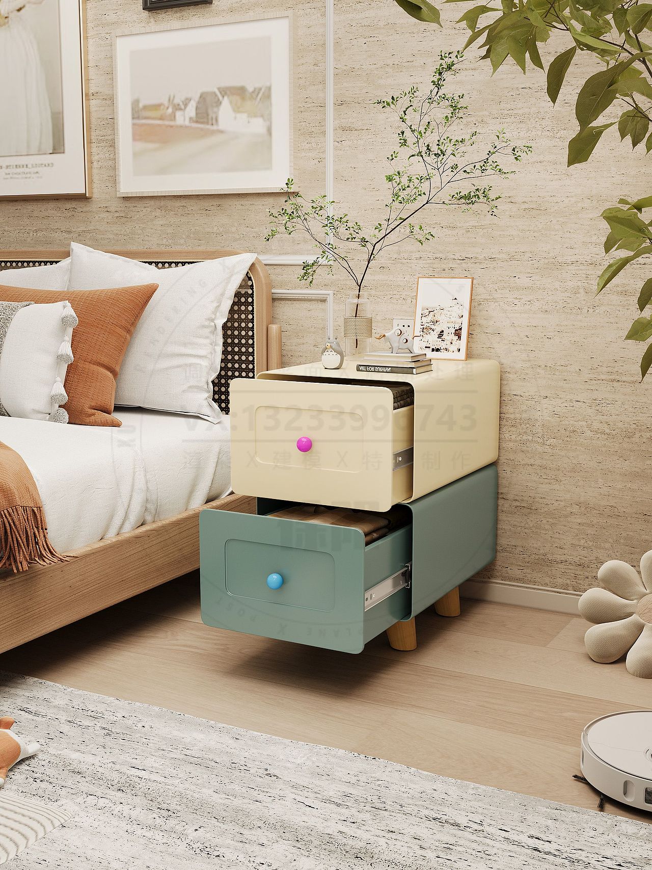 钢木结合多功能床头柜