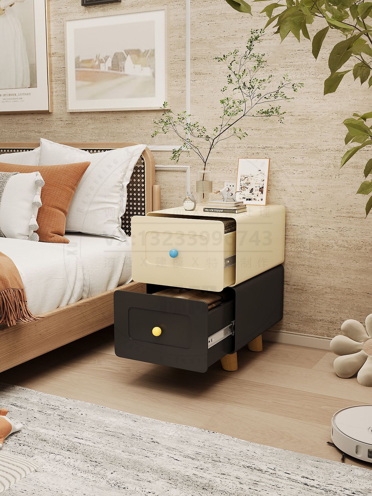 钢木结合多功能床头柜