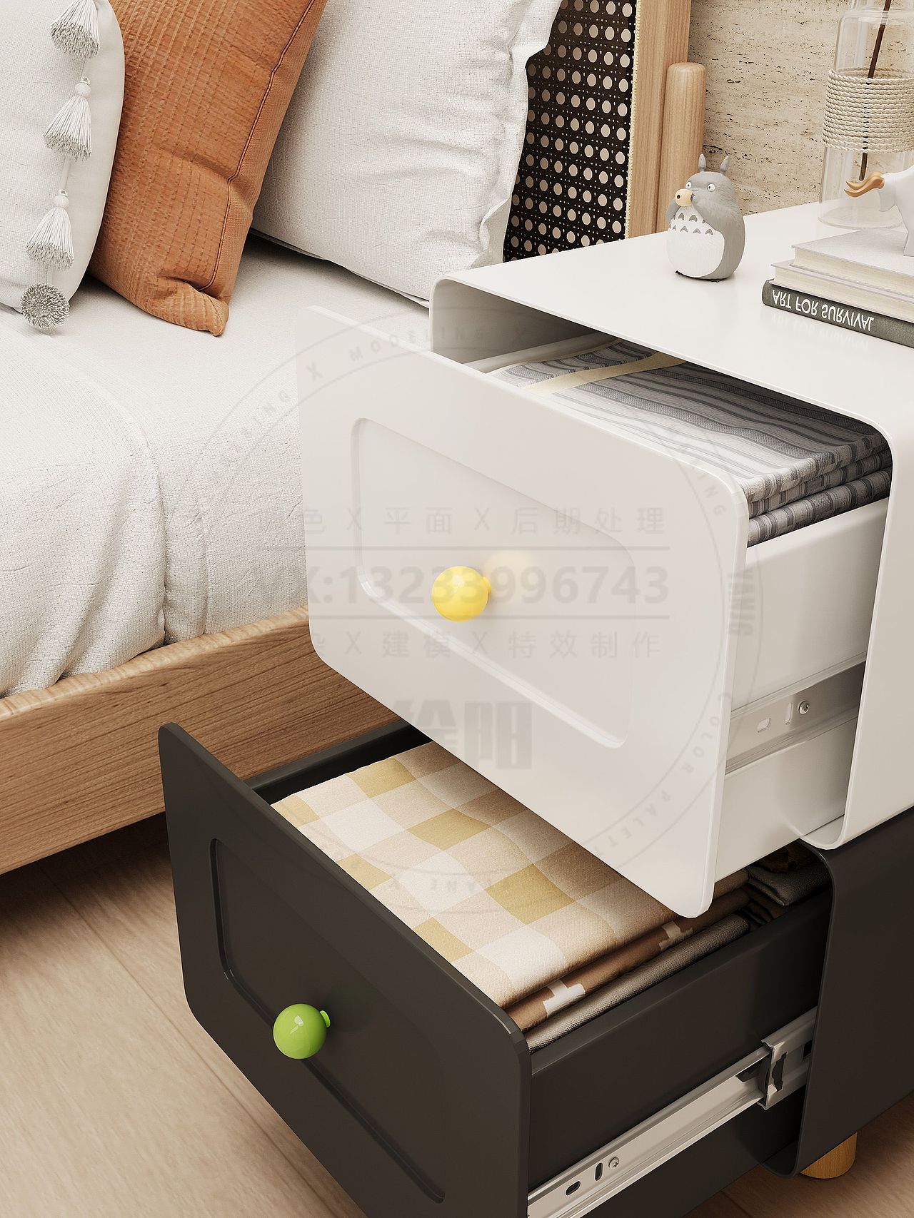 钢木结合多功能床头柜