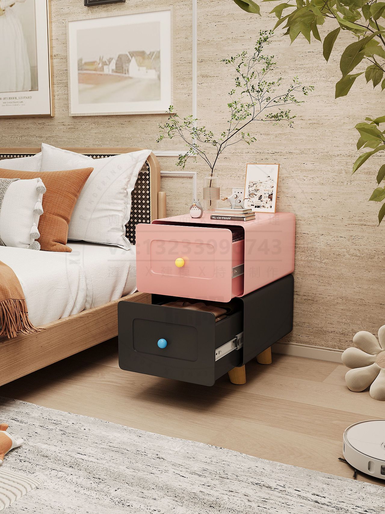 钢木结合多功能床头柜