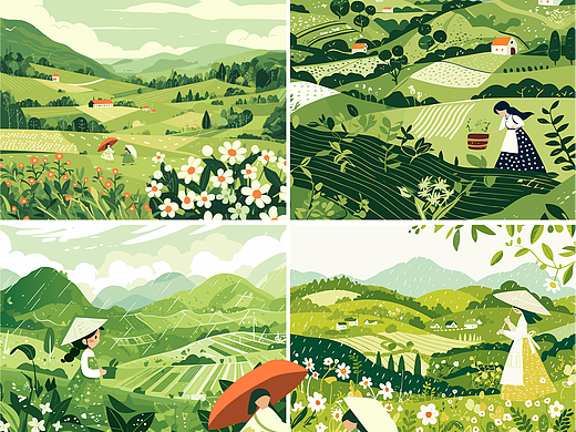 山野春雨节气海报矢量插画