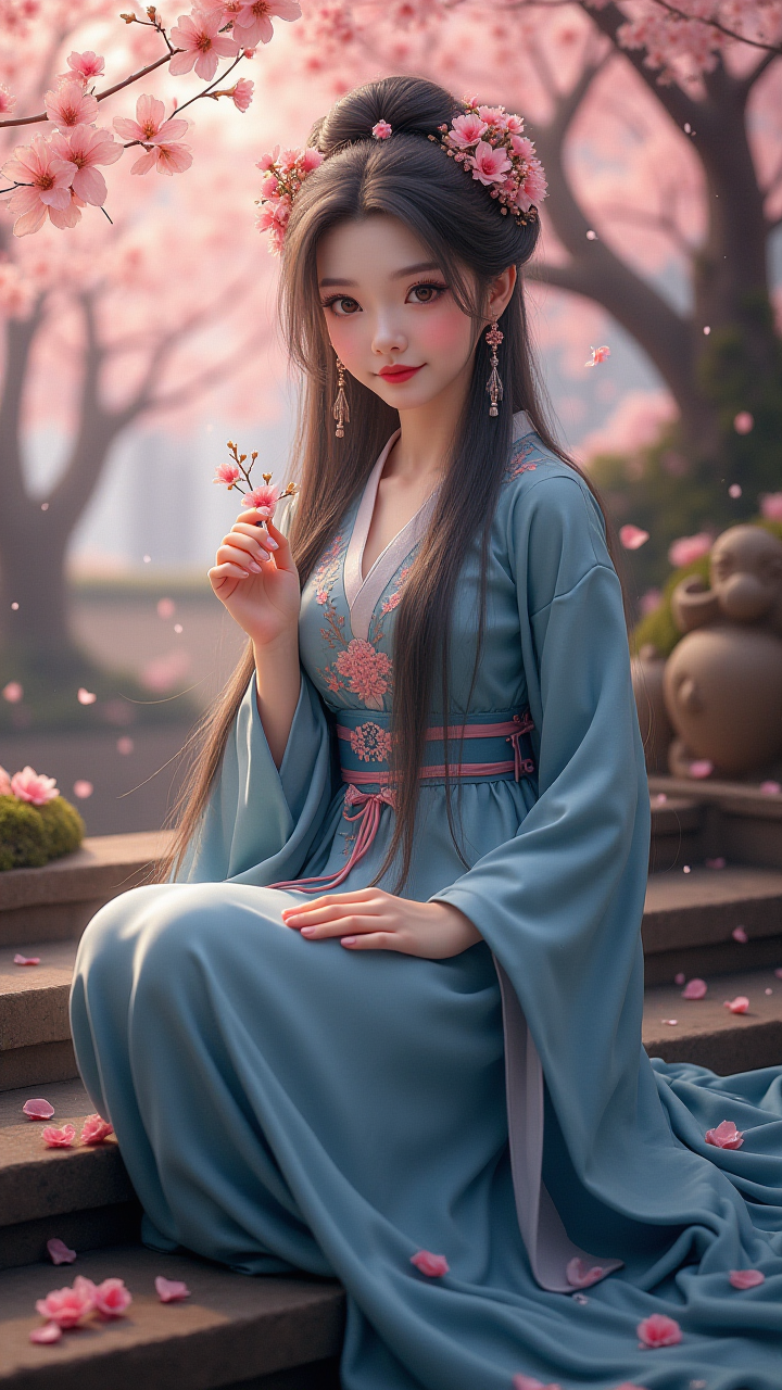 算法烟雨志：AI渲染雾霾蓝汉服与樱花雨的3D厚涂叙事诗（图ZMTUwNzg0ODQ=） - 资讯 - 站酷设计师顶作AI原创素材 - 站酷ZCOOL