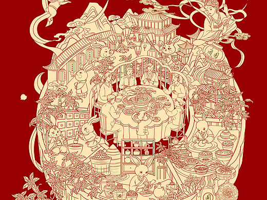 国风中秋红色礼盒包装插画设计丨线稿