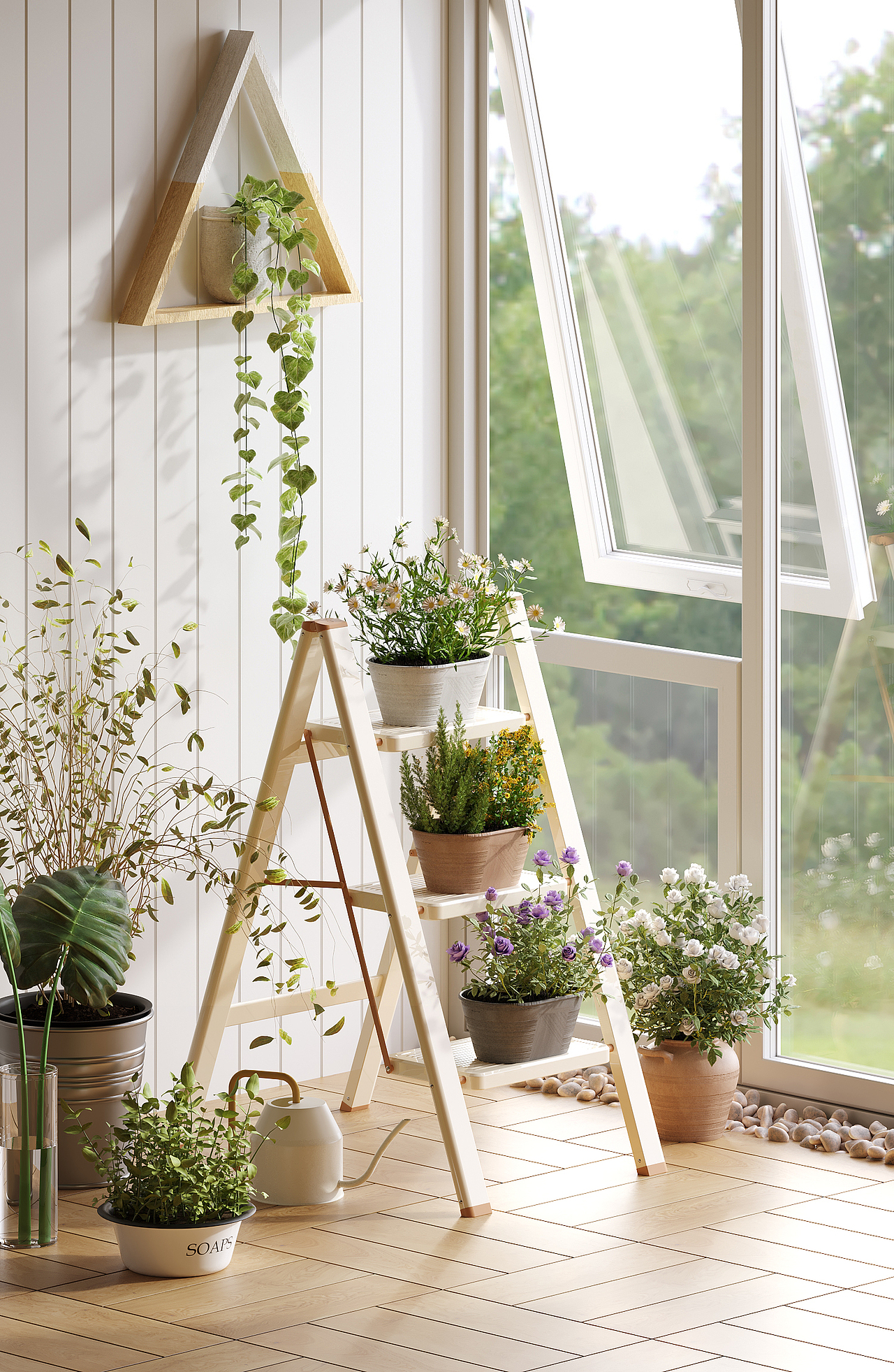 一组家用梯 +晾衣架,cr渲染,奶油风,中古风,多巴胺