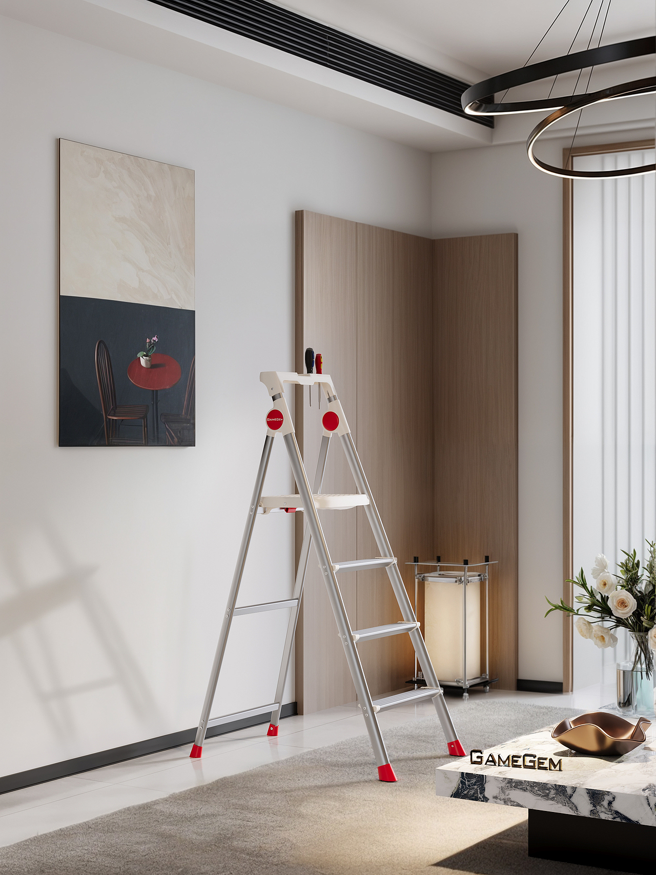 一组家用梯 +晾衣架,cr渲染,奶油风,中古风,多巴胺