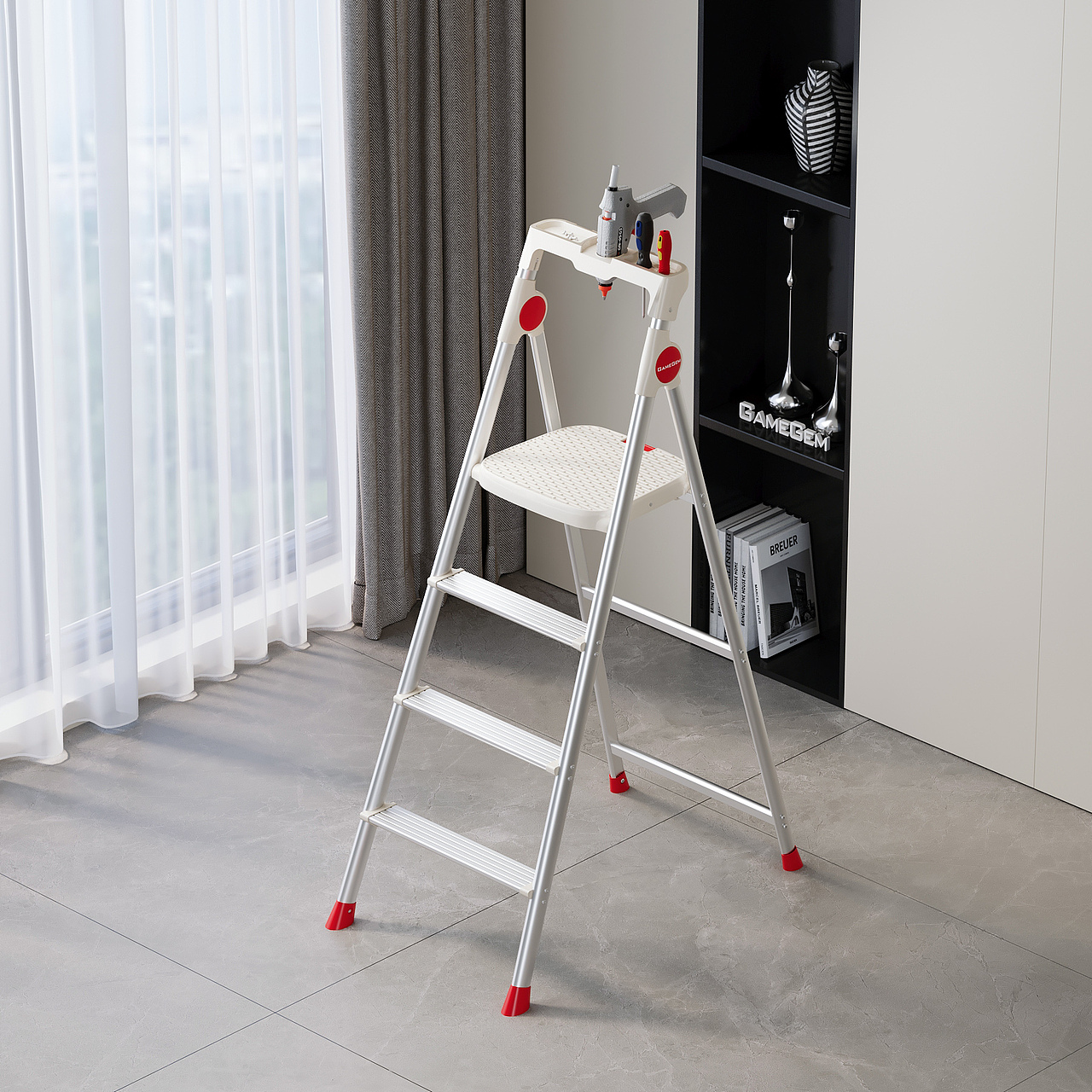 一组家用梯 +晾衣架,cr渲染,奶油风,中古风,多巴胺