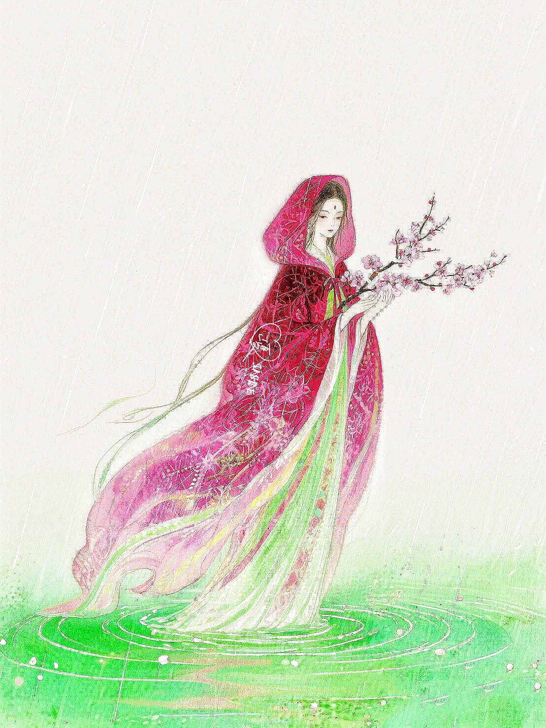 天青垂水,素色溶漾都净。柳径无人,堕絮飞无影。