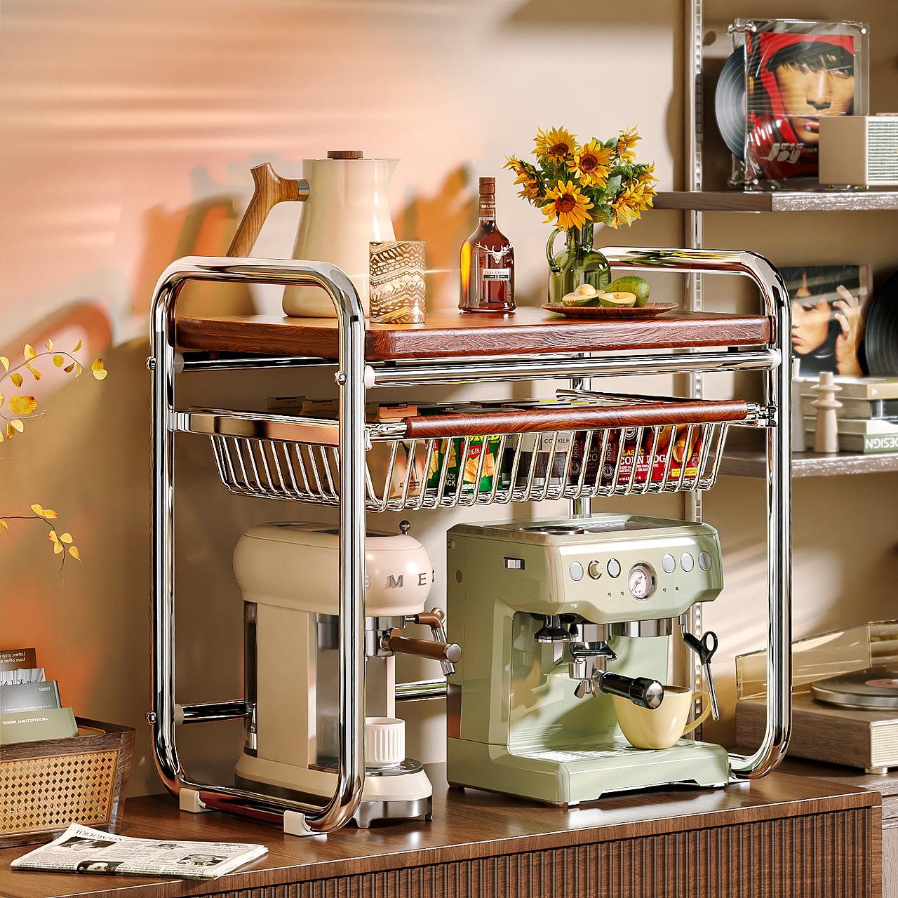 中古风微波炉置物架/收纳架 (三维产品渲染)