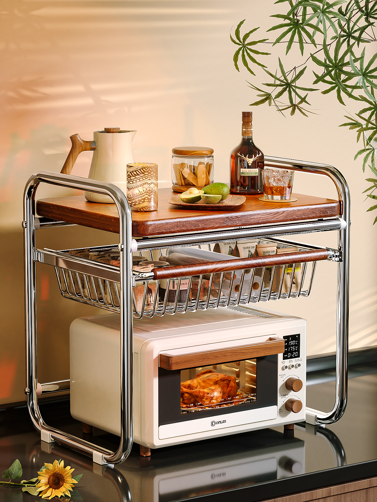 中古风微波炉置物架/收纳架 (三维产品渲染)