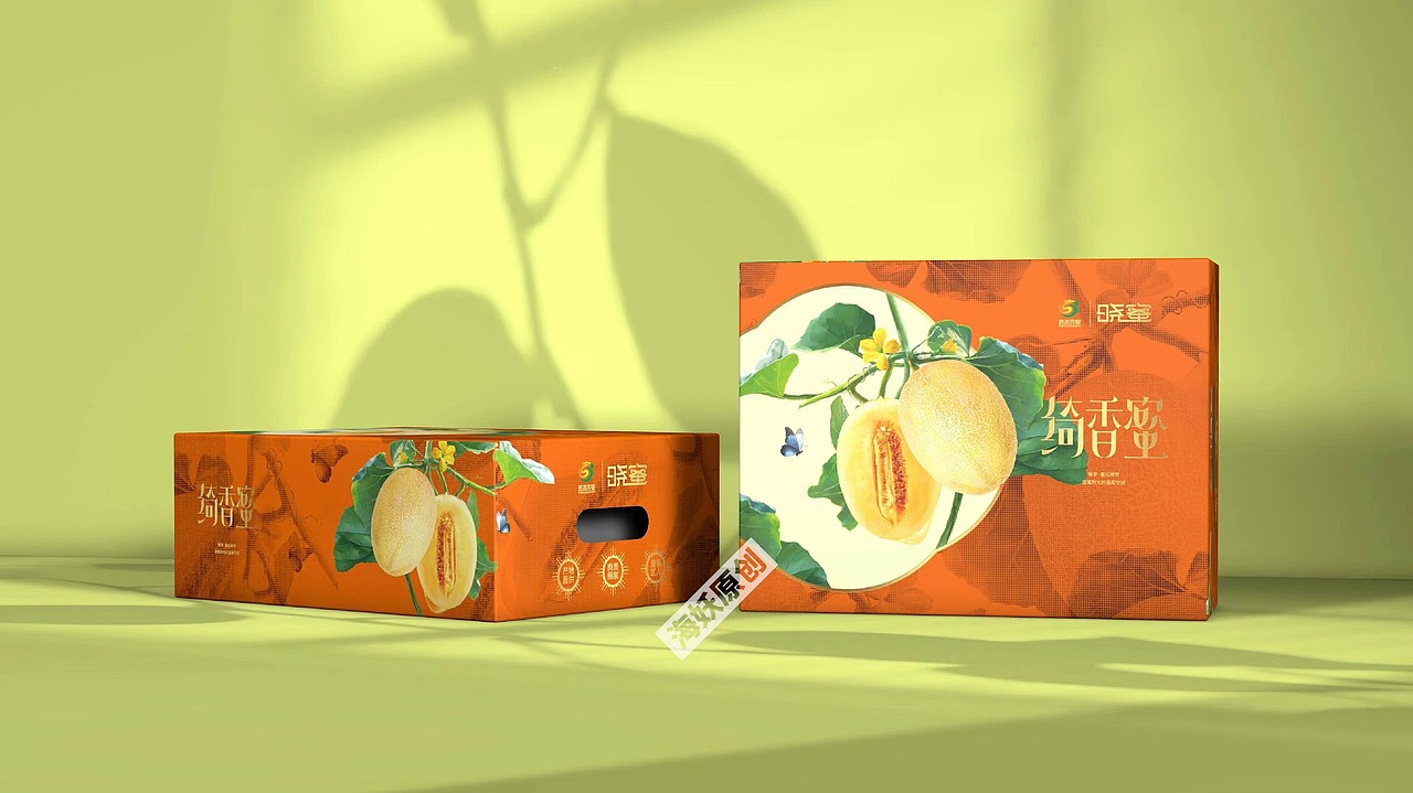 {原创}黄皮瓜网纹瓜礼盒连枝带叶写实风格包装设计