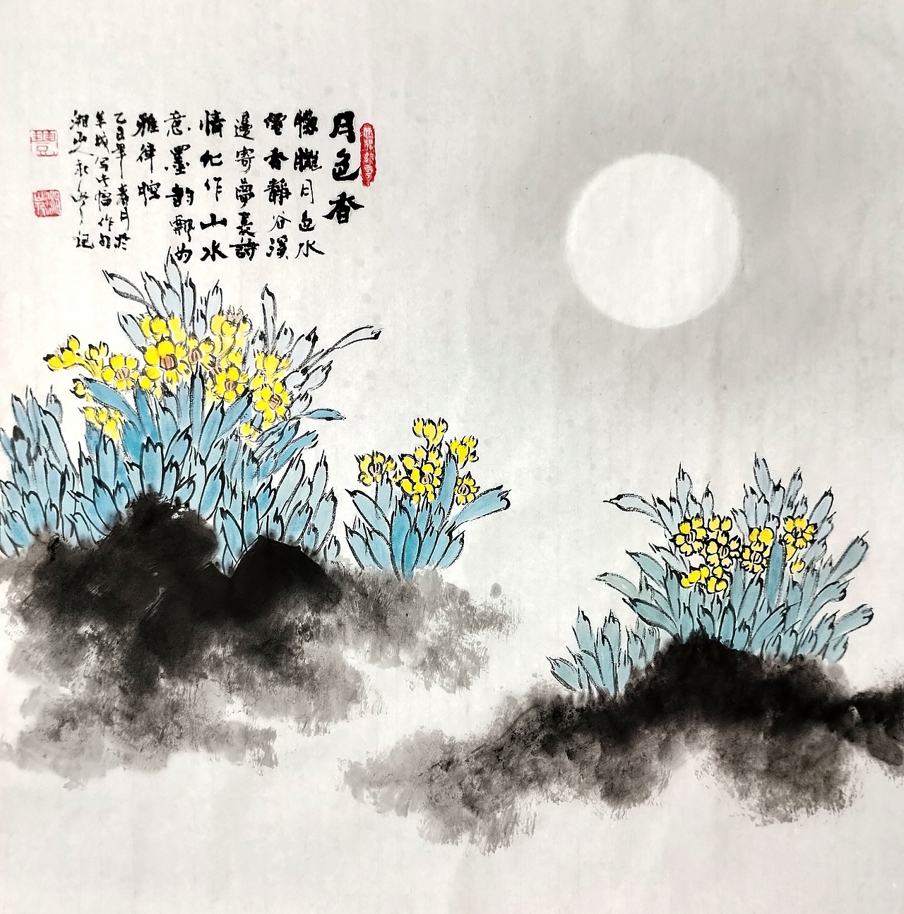 国画花鸟欣赏-月色香-原创诗词国画姚永丰