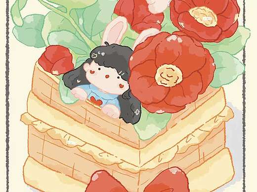 山茶花兔女孩插图设计