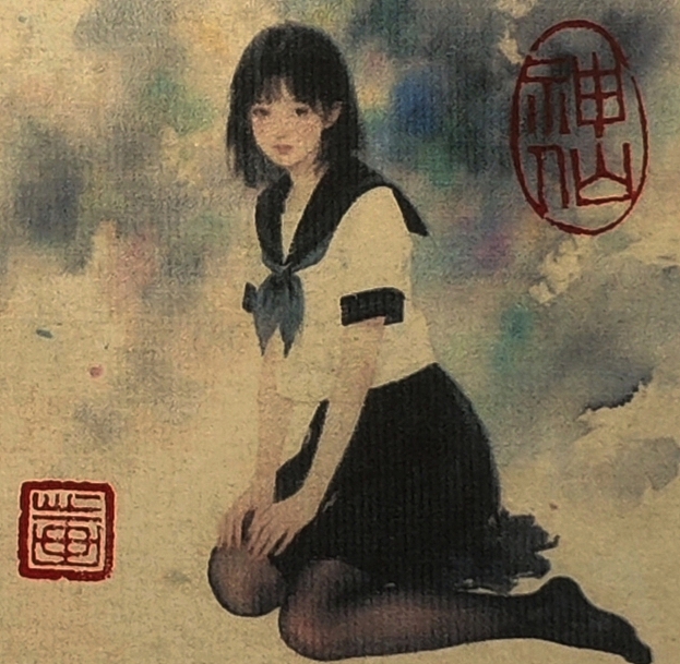 当代艺术之纸本设色工笔国画黑丝美少女2