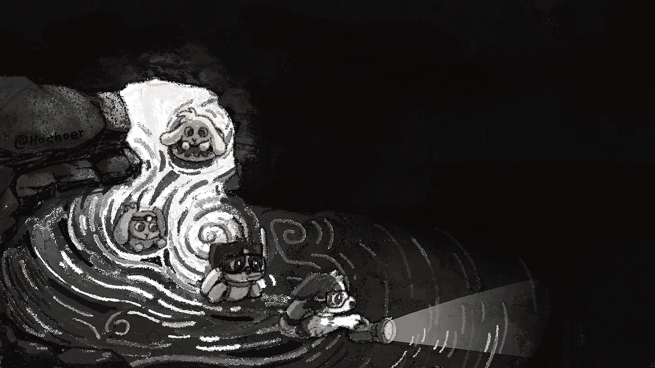 洞穴探险-黑白插画