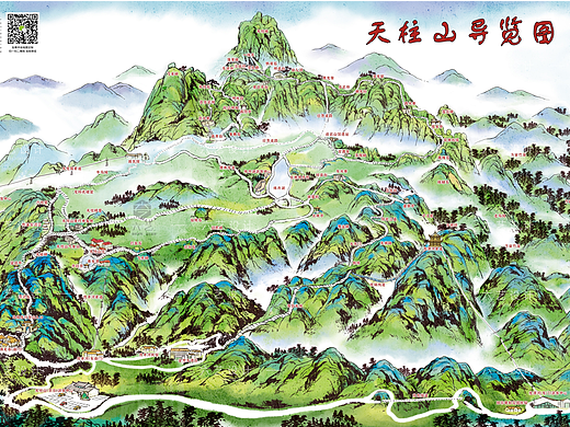 安徽天柱山手绘地图国风山水导览图千里江山青绿插画