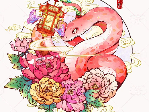 灵蛇衔灯，祥瑞自来。牡丹盛放，蝶舞翩翩。