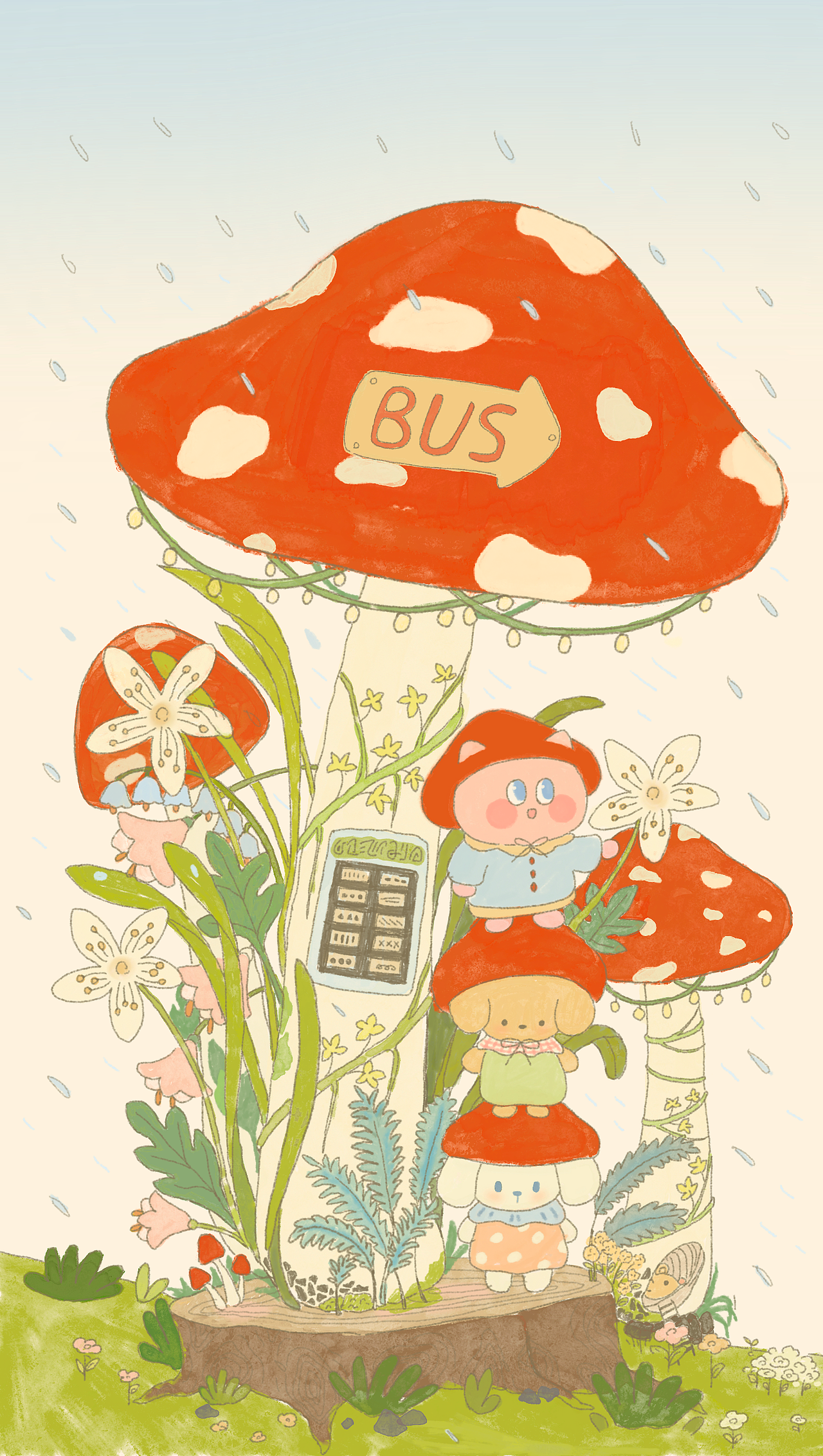 ◑●◑IP插画—雨中的蘑菇车站🍄🍄（图ZMzkwNDExODEy） - 商业插画 - 站酷设计师锅底之蛙原创素材 - 站酷ZCOOL