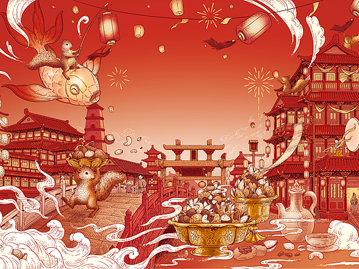 三只松鼠丨礼盒包装插画——盛唐夜