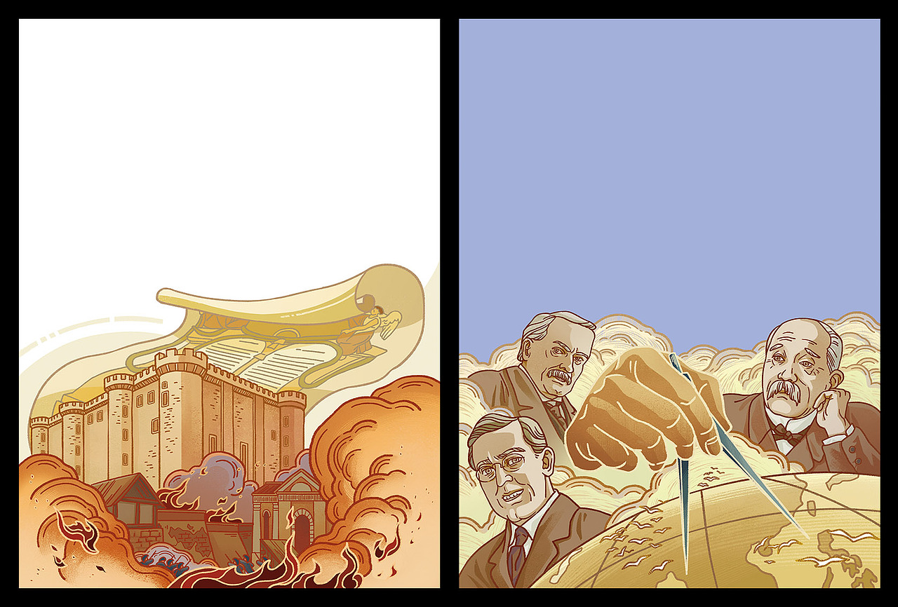 攻占巴士底狱(左),列强分割世界(右)