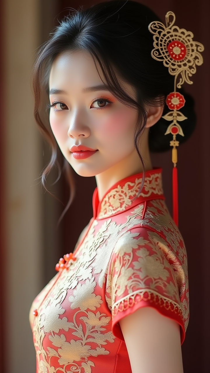 【AIGC东方华彩】：红金旗袍与华丽发饰的古韵光影叙事