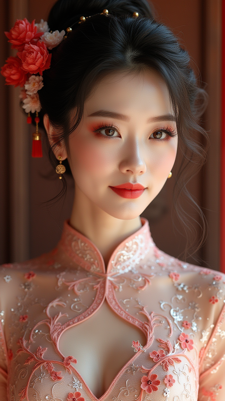 【AIGC东方华彩】：红金旗袍与华丽发饰的古韵光影叙事